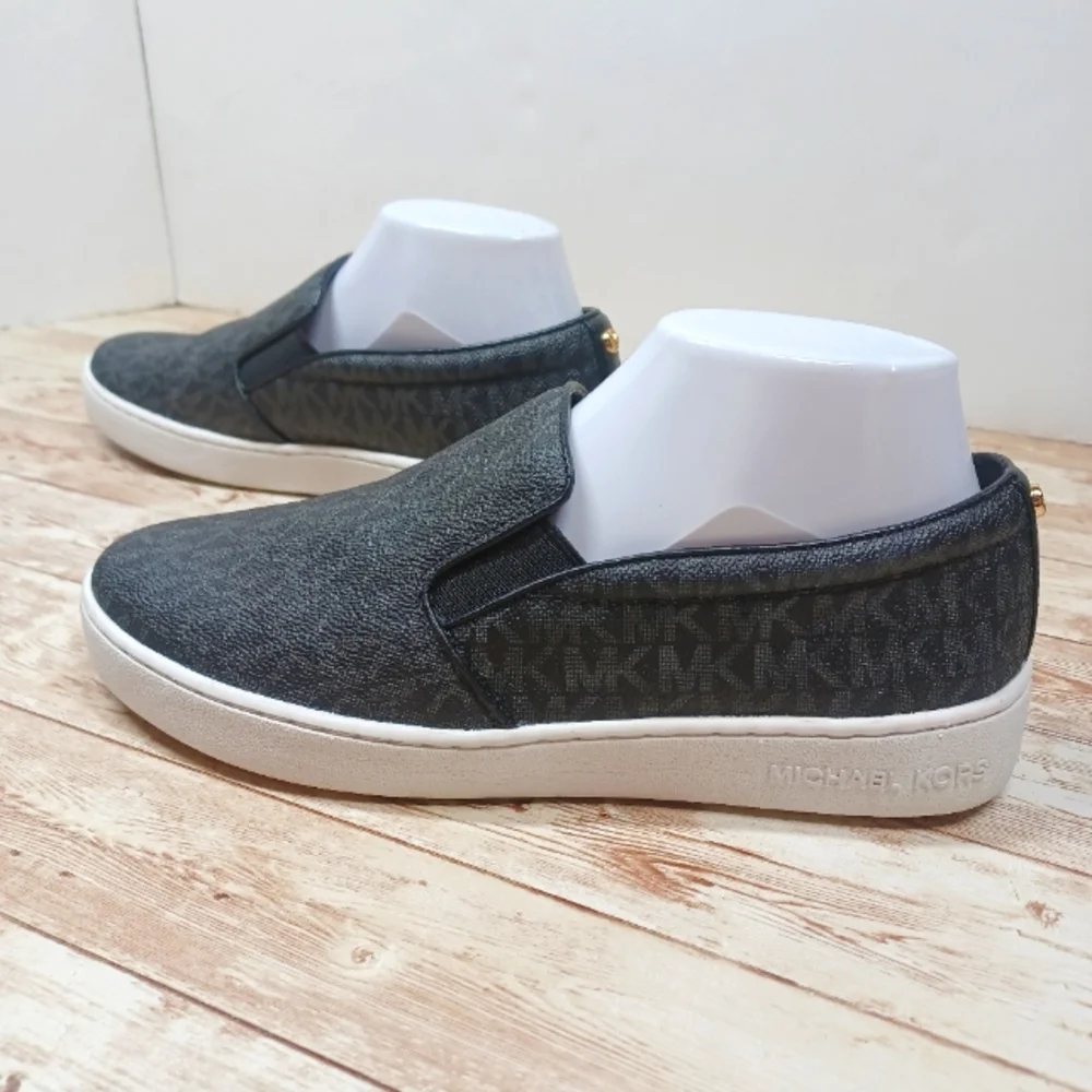 Michael Kors Slip On Laceless Sneakers Black White Gold Women's Size 8.5